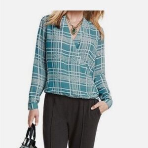 CAbi Blue Cream Windowpane Plaid Faux Wrap Blouse Top Size M high low top